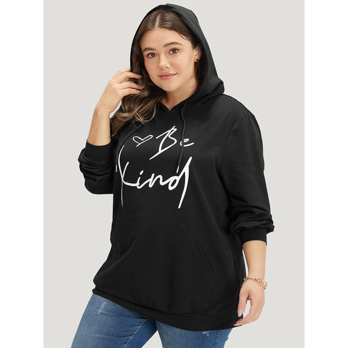 Plus Size Letter Print Pocket Drawstring Hooded Sweatshirt Women Burgundy Casual Elastic cuffs Dailywear Sweatshirts BloomChic 26/4X Product Image
