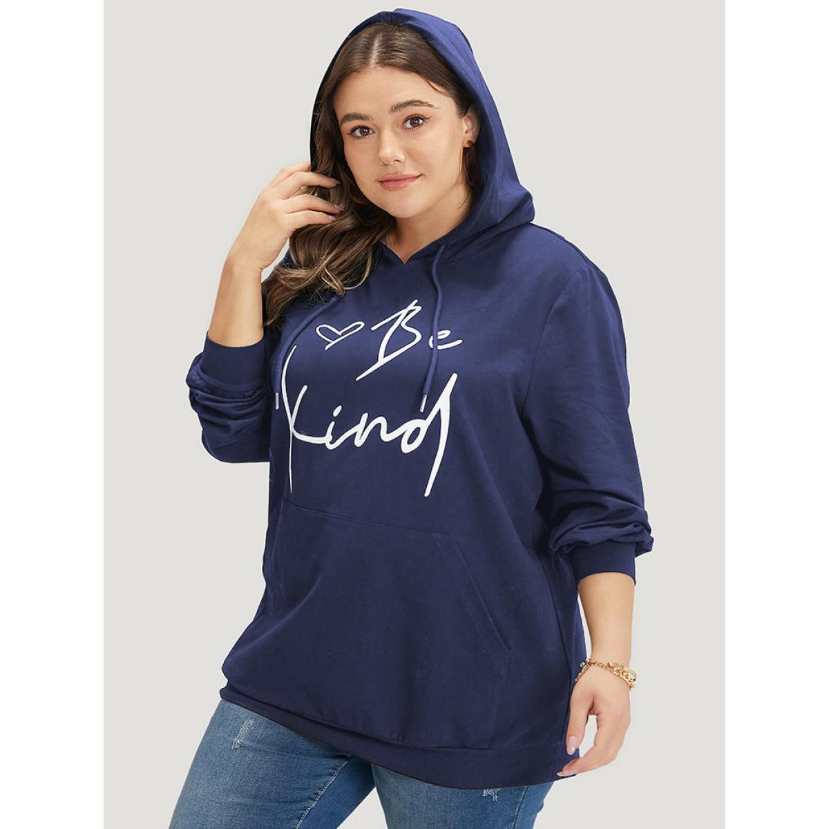 Plus Size Letter Print Pocket Drawstring Hooded Sweatshirt Women Indigo Casual Elastic cuffs Dailywear Sweatshirts BloomChic 10/M Product Image