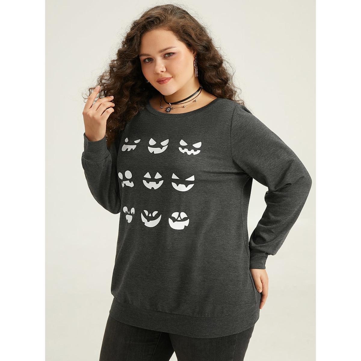 Plus Size Round Neck Halloween Print Sweatshirt Women DimGray Casual Printed Festival-Halloween Sweatshirts BloomChic 18-20/2X Product Image