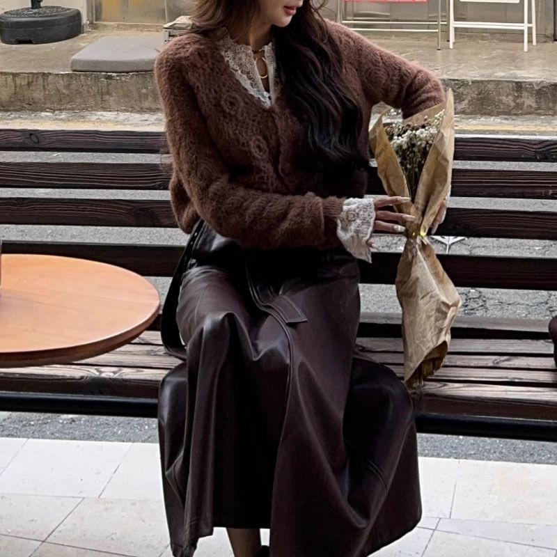 V-Neck Plain Flower Accent Cardigan Product Image