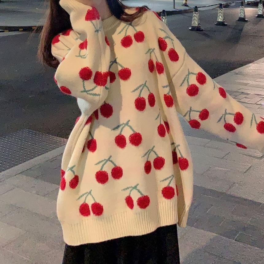Round Neck Cherry Patterned Sweater Product Image