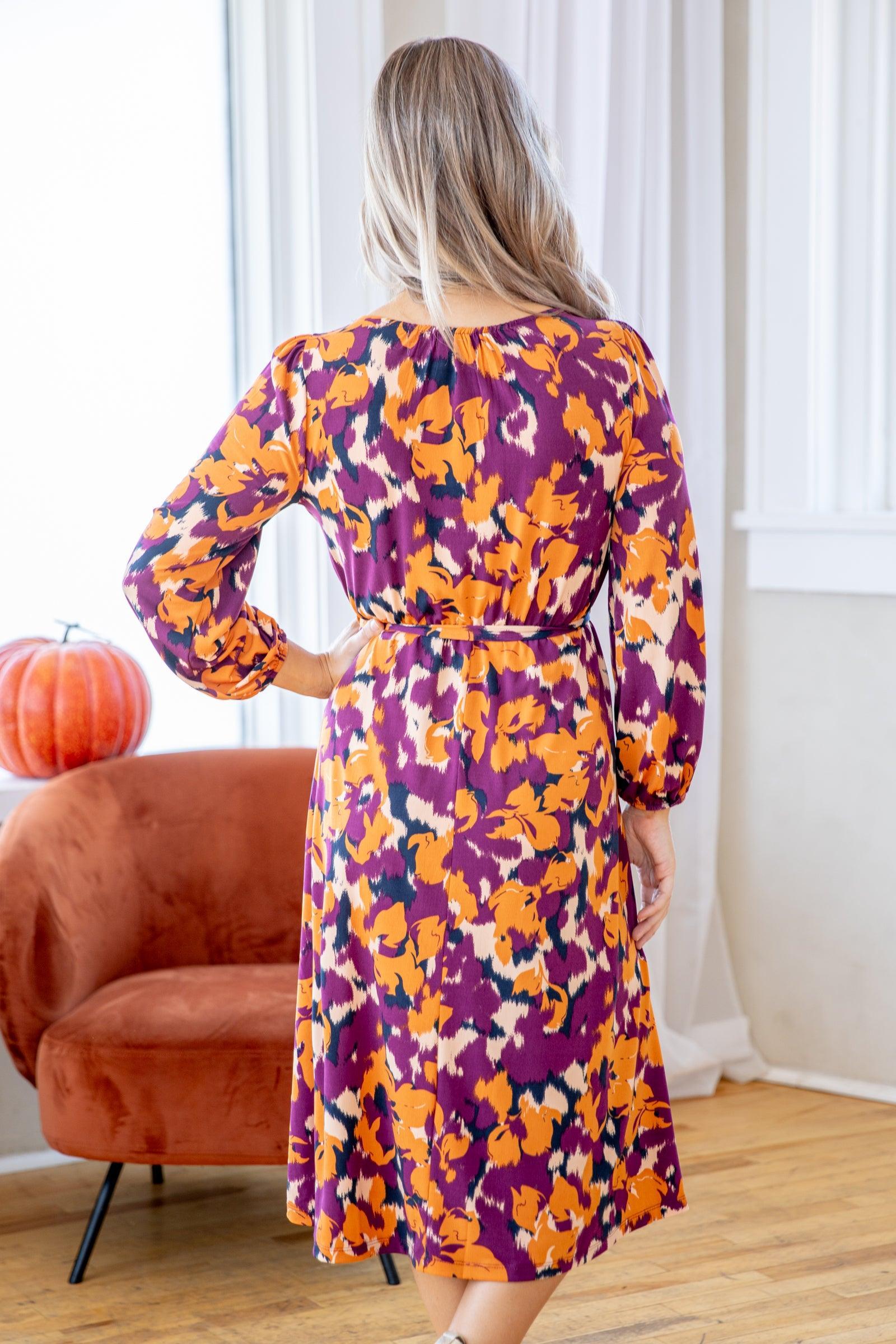 Berry and Orange Floral Print Midi Dress Product Image