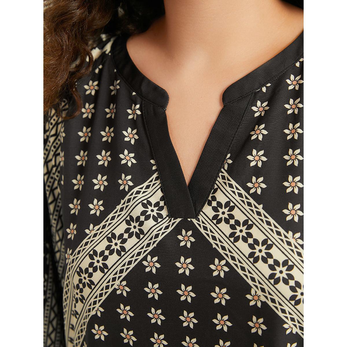 Plus Size Black Boho Print Lantern Sleeve Notched Blouse Women Vacation Long Sleeve Notched collar Dailywear Blouses BloomChic 30/6X Product Image
