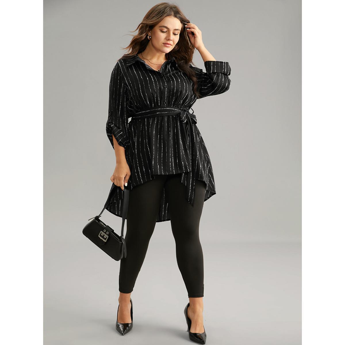 Plus Size Black Striped Belted Shirt Collar Asymmetrical Hem Blouse Women Office Long Sleeve Shirt collar Work Blouses BloomChic 26/4X Product Image