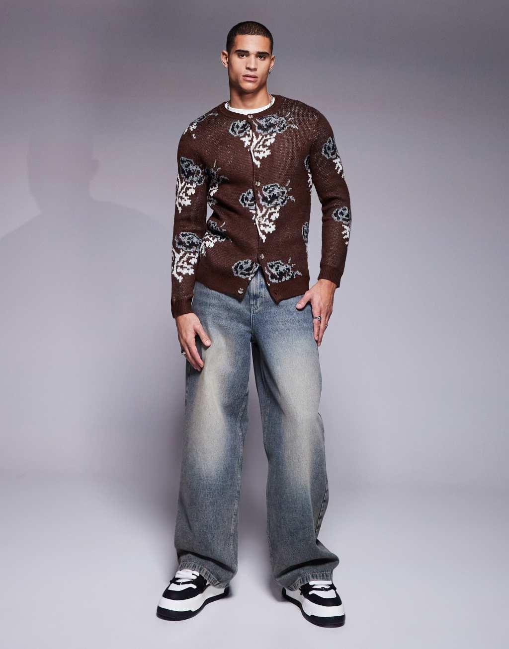 ASOS DESIGN knitted crew neck cardigan with floral pattern in brown Product Image