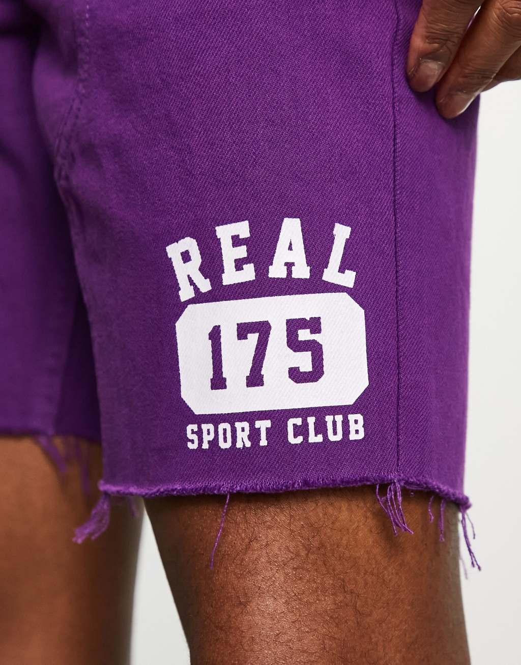 ASOS DESIGN classic rigid regular length shorts in purple with varsity print Product Image