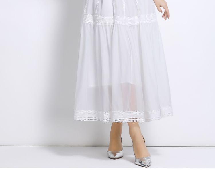 Cinched Sleeve Stand Collar Plain Panel Mesh Maxi A-Line Dress Product Image