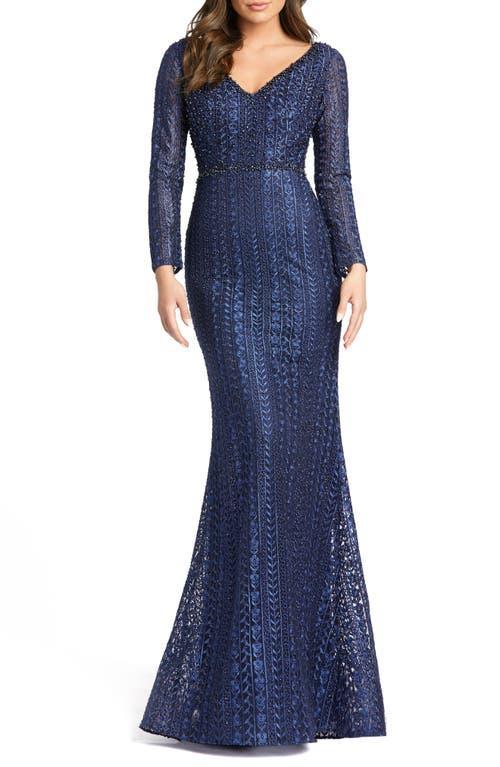 Womens Embroidered Long Sleeve V Neck Trumpet Gown Product Image