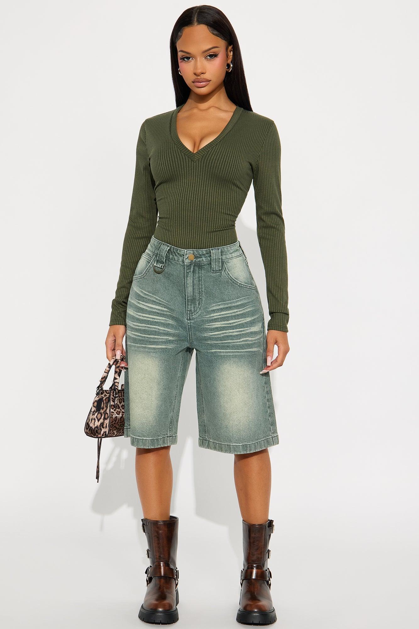 Sophia Denim Jorts - Olive Product Image