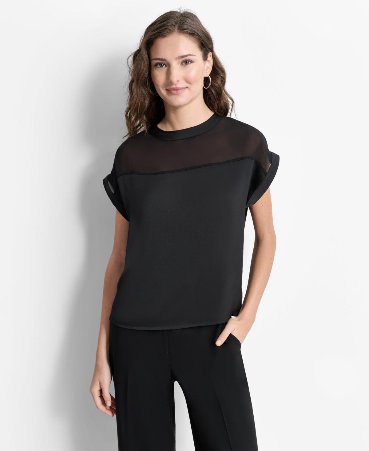 Dkny Womens Mixed-Media Extended-Shoulder Blouse Product Image