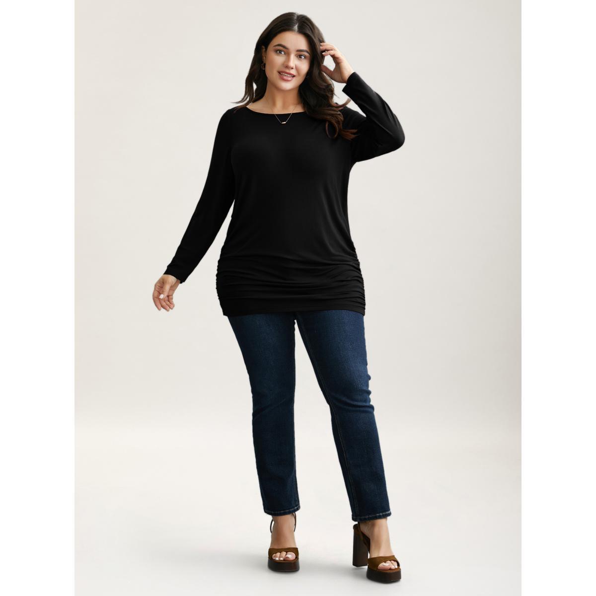 Plus Size Very Stretchy Supersoft Slim-Fit T-shirt Black Women Elegant Gathered Boat Neck Everyday T-shirts BloomChic 10/M Product Image