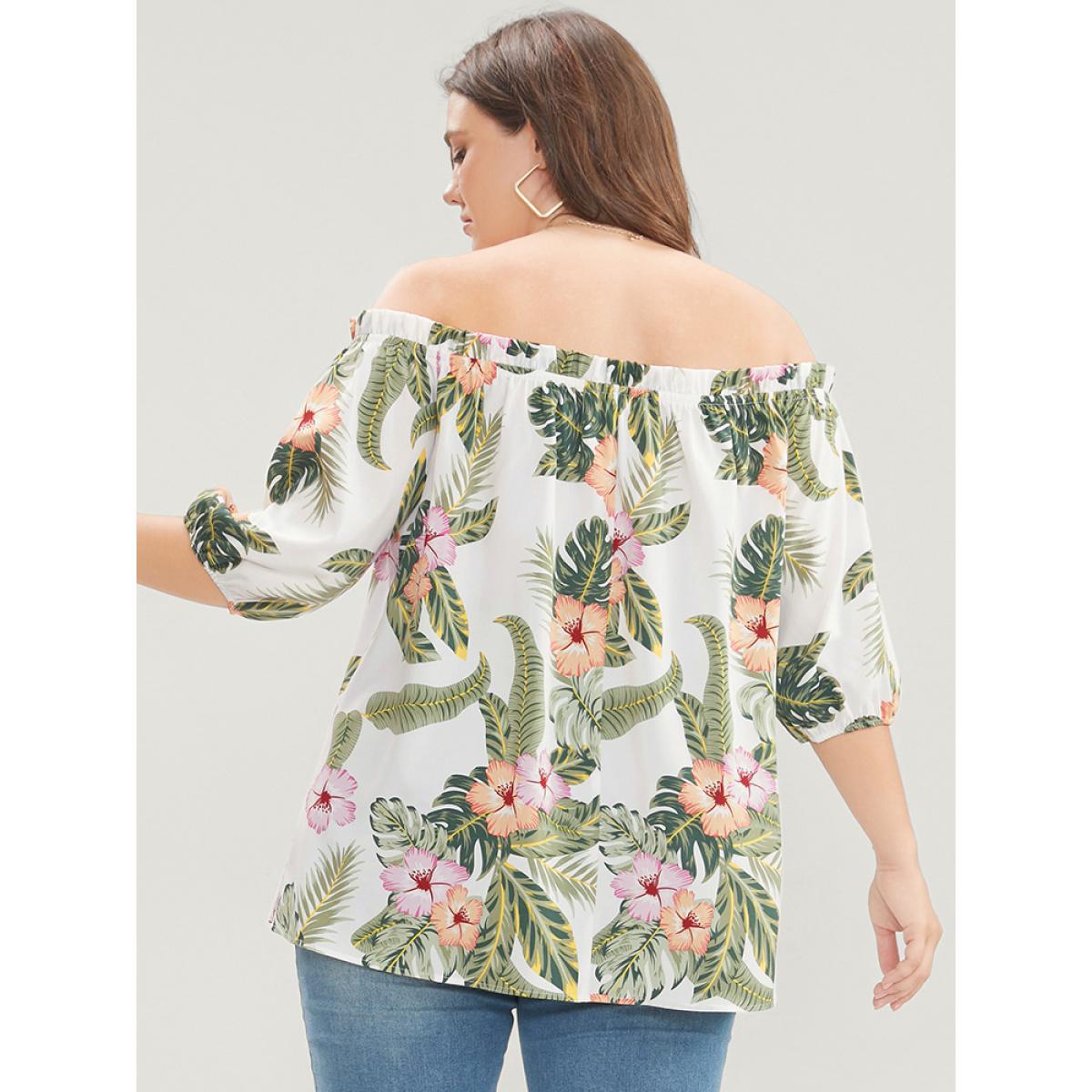 Plus Size White Tropical Print Off Shoulder Lantern Sleeve Blouse Women Vacation Short sleeve One-shoulder neck Dailywear Blouses BloomChic 10/M Product Image