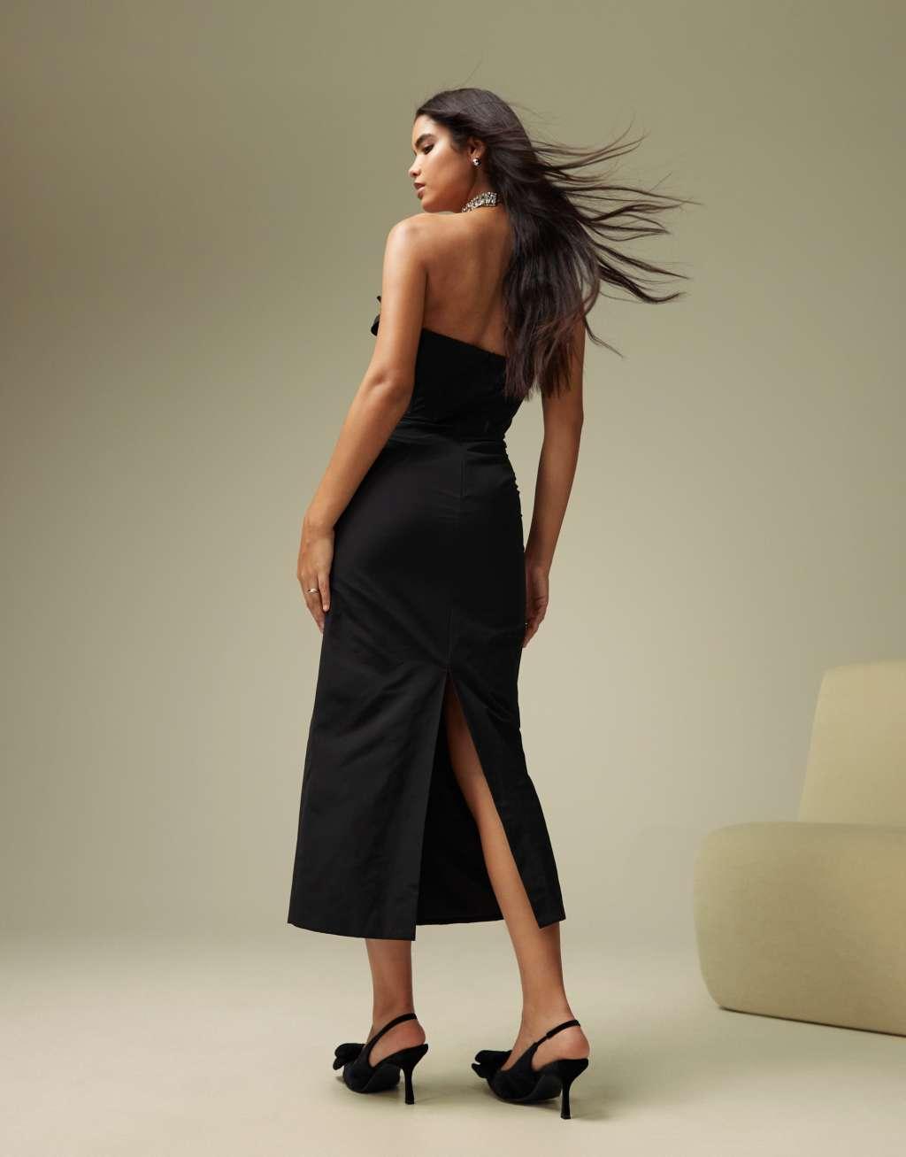 ASOS DESIGN exaggerated ruffle bandeau corset midi dress in black Product Image