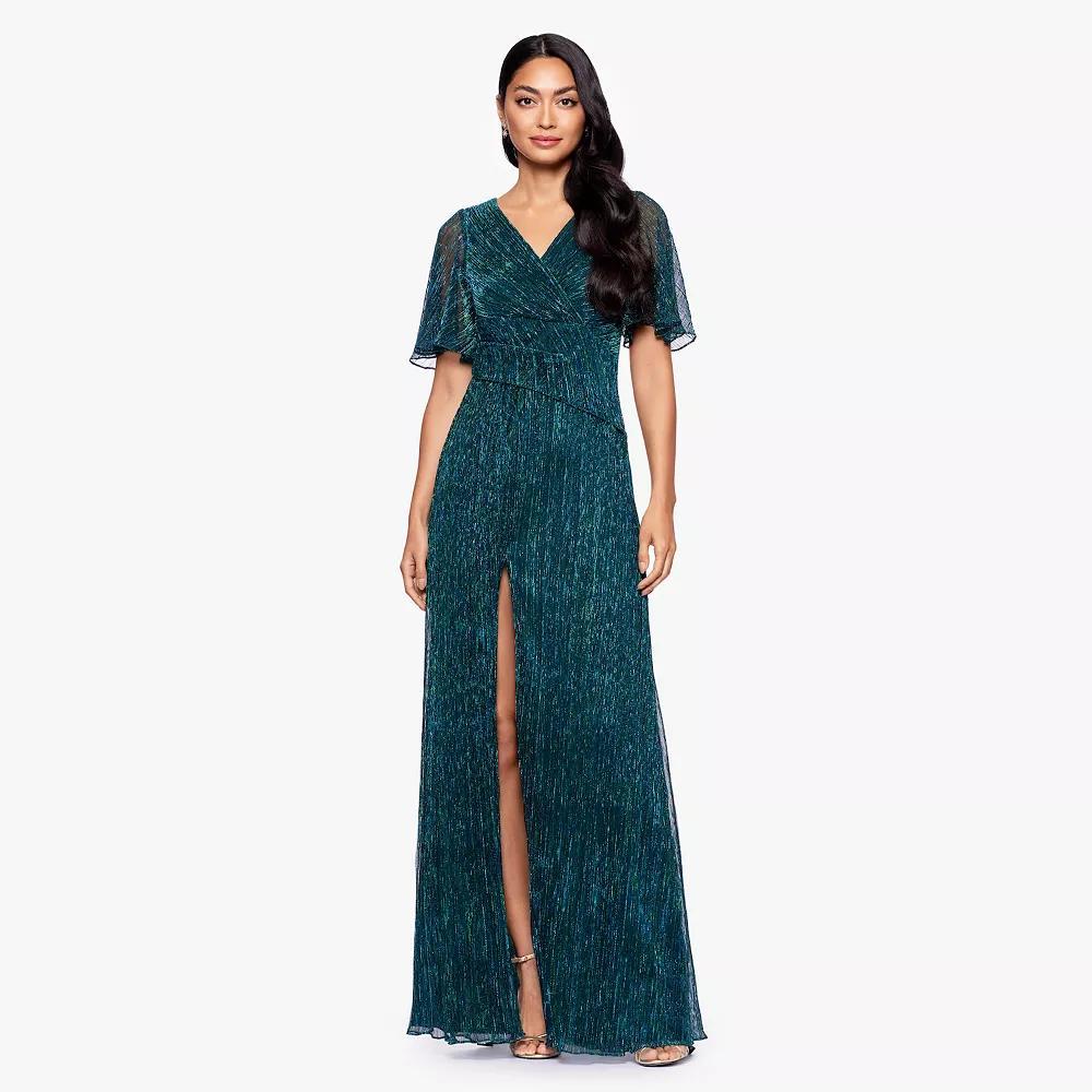 Women's BA Nites Long Metallic Knit V-Neck Short Sleeve Dress, Size: 4, Green Product Image