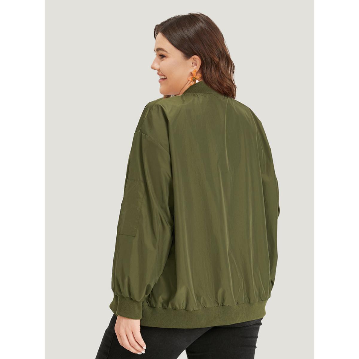 Plus Size Plain Zipper Pocket Elastic Cuffs Jacket Women ArmyGreen Plain Pocket Dailywear Jackets BloomChic 10/M Product Image