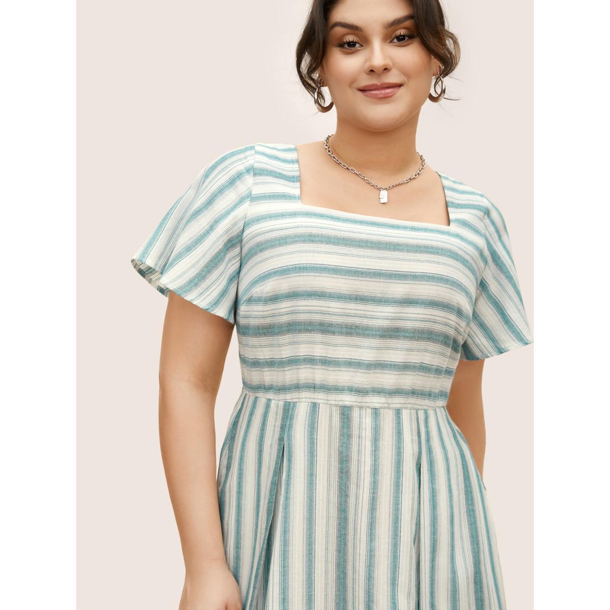 Plus Size Square Neck Striped Ruffle Sleeve Pleated Dress Teal Women Casual Pleated Square Neck Short sleeve Curvy BloomChic 14-16/1X Product Image