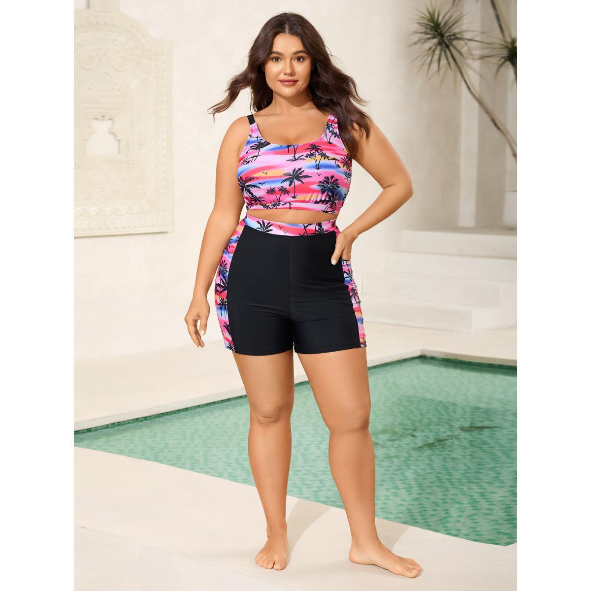 Plus Size Tropical Contrast Print Pockets Swim Bottoms Women's Swimwear Black Beach Contrast High stretch Skinny High Rise Side seam pocket Curve Swim Bottoms BloomChic 12/L Product Image
