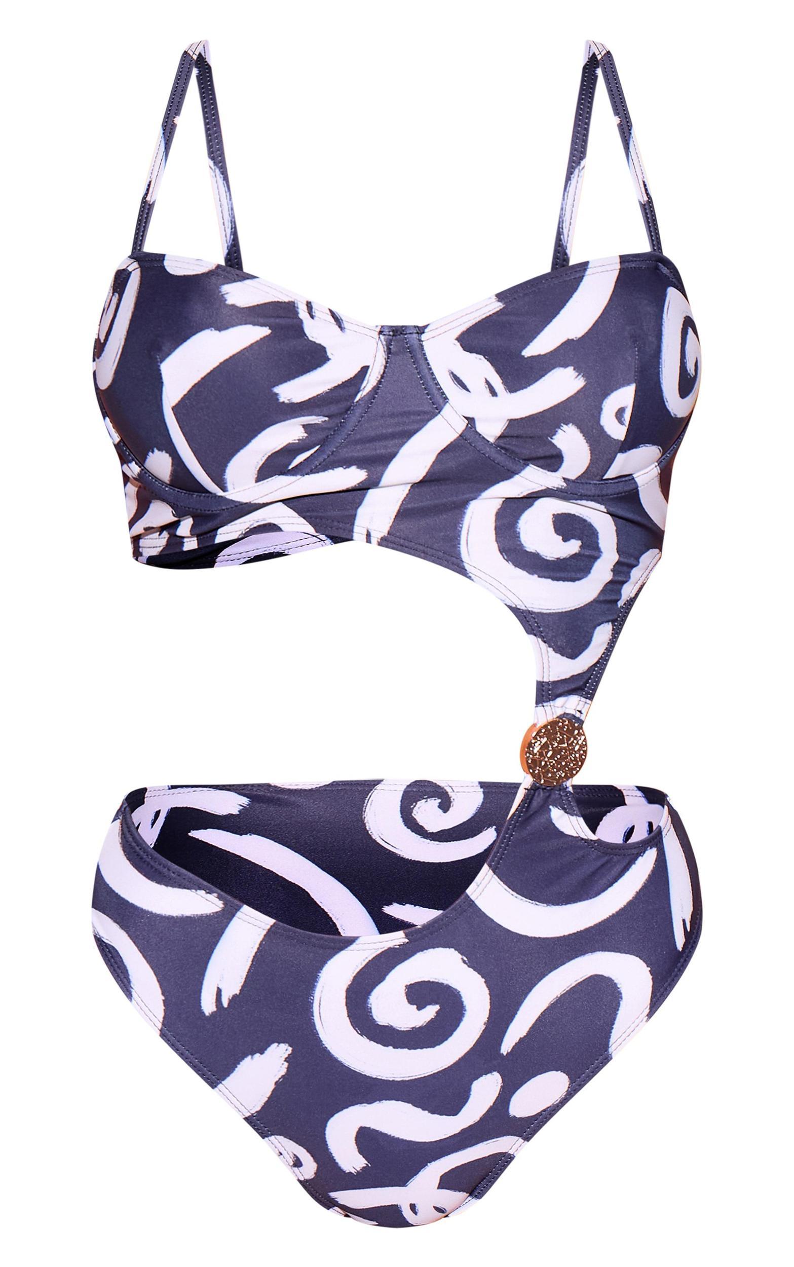 Black Swirl Print Underwired Cut Out Swimsuit Product Image