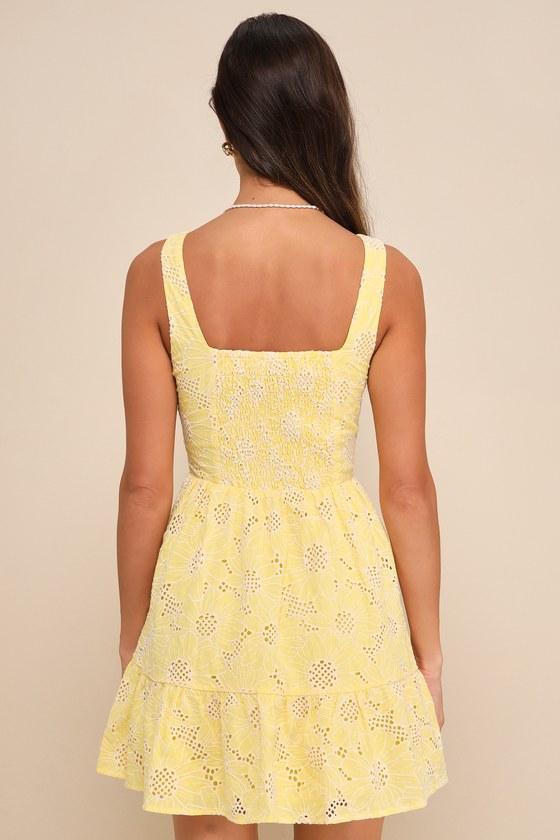 Bright Personality Yellow Embroidered Floral Skater Mini Dress Product Image