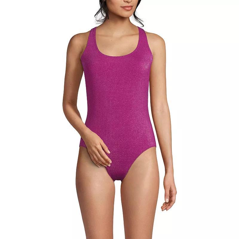 Women's Lands' End Long Torso Tugless Shine One-Piece Swimsuit, Size: 14 LONG, Mediterranean Blue Product Image