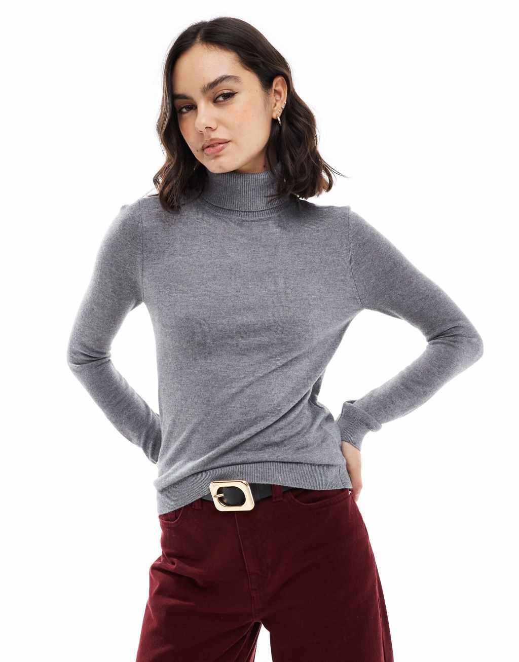 Vero Moda high neck knitted sweater in medium gray melange Product Image