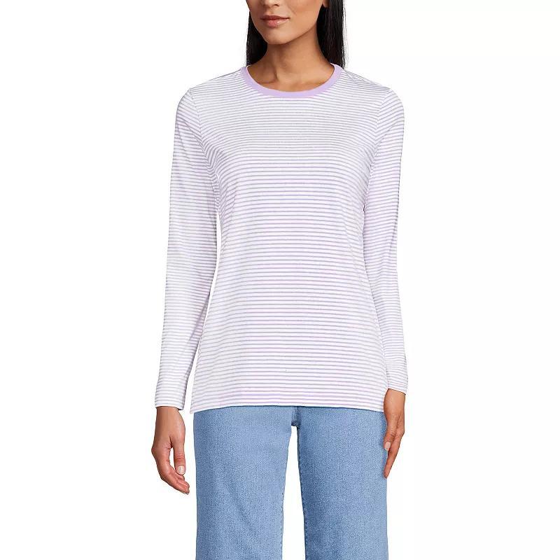 Petite Lands End Relaxed-Fit Supima Long Sleeve Cotton Crewneck Tee, Womens Ivory Green Stripe Product Image
