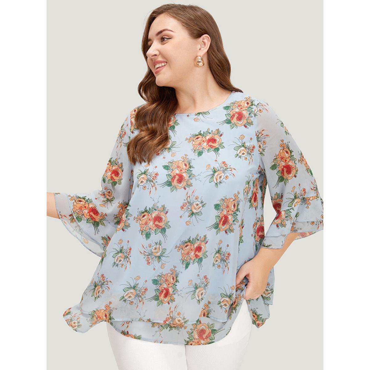 Plus Size LightBlue Floral Ruffle Sleeve Layered Hem Blouse Women Elegant Elbow-length sleeve Round Neck Dailywear Blouses BloomChic 26/4X Product Image