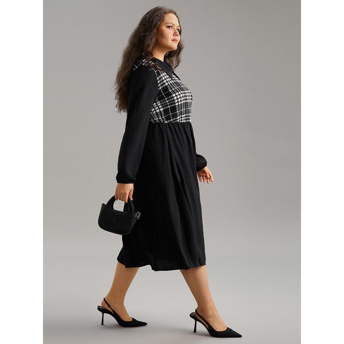 Plus Size Plaid Patchwork Lapel Collar Pocket Dress Black Women Office Patchwork Lapel Collar Long Sleeve Curvy Midi Dress BloomChic 12/L Product Image