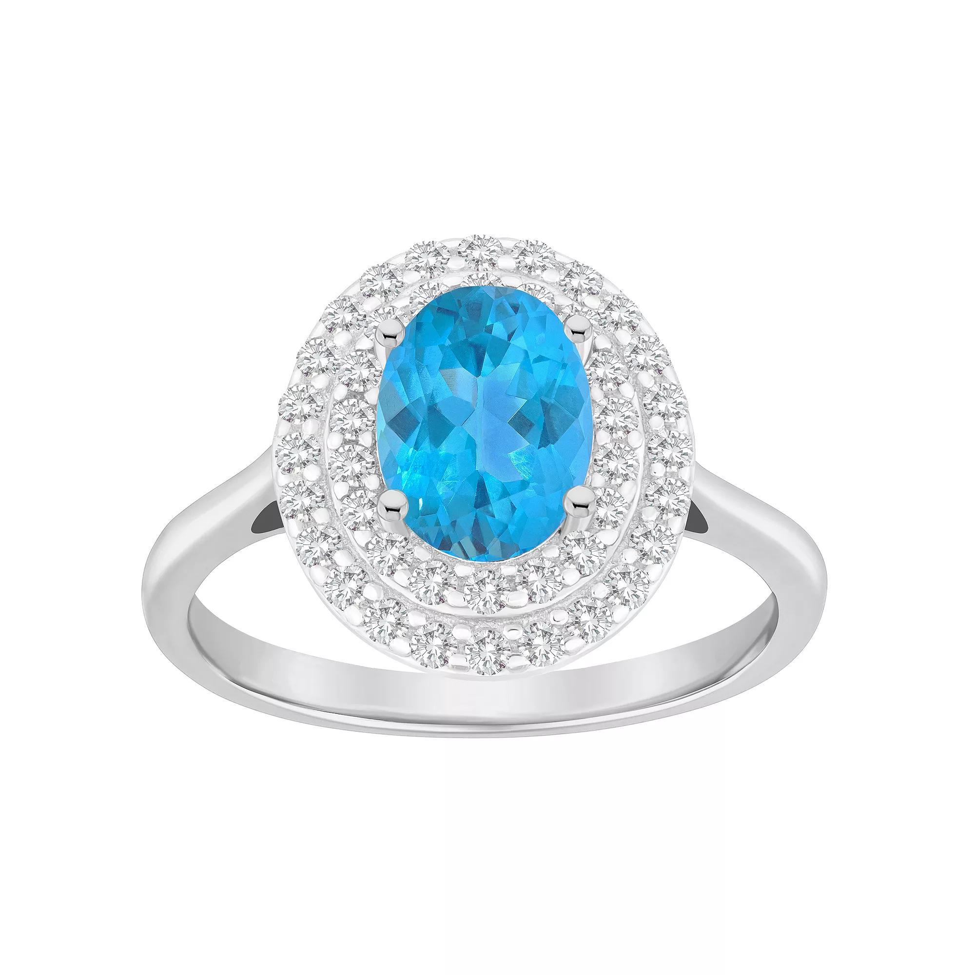 Celebration Gems Sterling Silver Oval-Cut Swiss Blue Topaz & White Topaz Double Halo Ring, Women's, Size: 9 Product Image