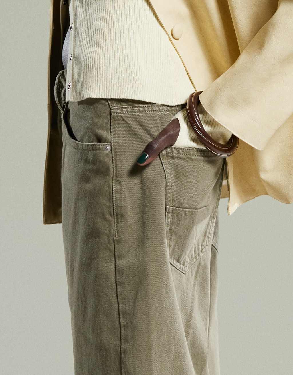ASOS DESIGN high waisted barrel leg jeans in khaki Product Image