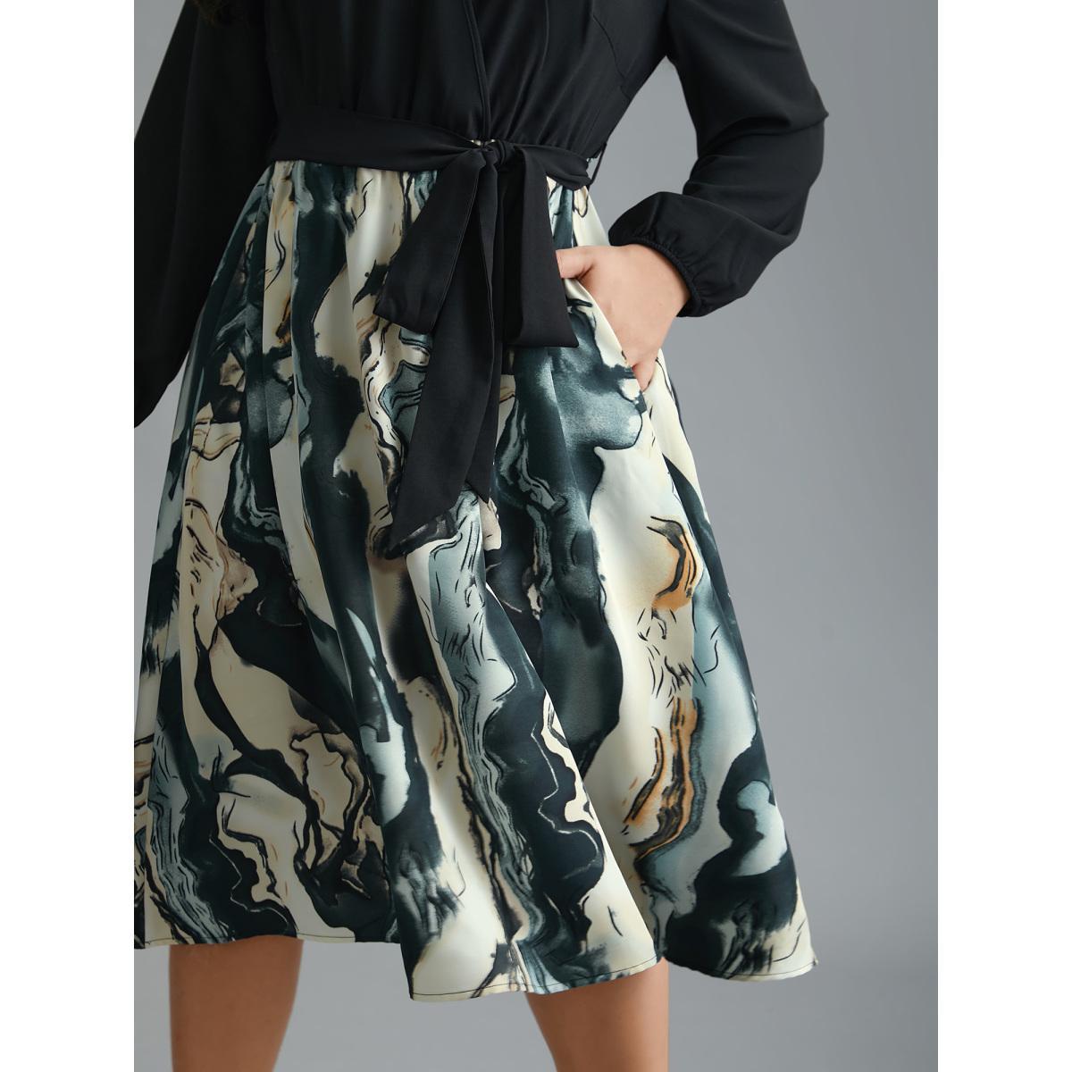 Plus Size Surplice Neck Marble Print Belted Dress Black Women At the Office Belted Overlap Collar Long Sleeve Curvy BloomChic 12/L Product Image
