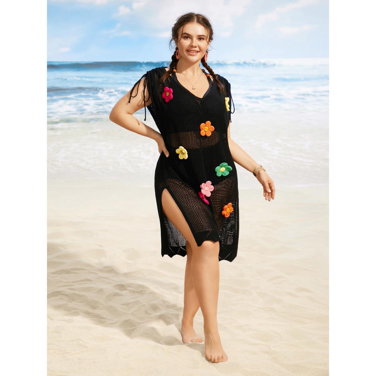 Plus Size Stereo Flower Design Drawstring Swim Cover Up Women's Swimwear Black Beach Loose Crochet Curve Swim Cover Ups BloomChic 30/6X Product Image