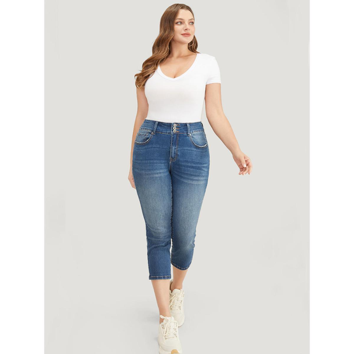 Plus Size Very Stretchy High Rise Medium Wash Cropped Jeans Women Blue Casual Plain High stretch Jeans BloomChic 26/4X Product Image