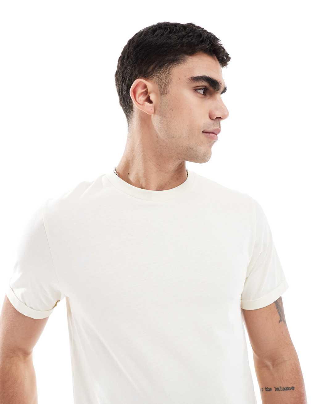 ASOS DESIGN essential 2 pack crew neck t-shirts with cuffed sleeves in charcoal and cream Product Image