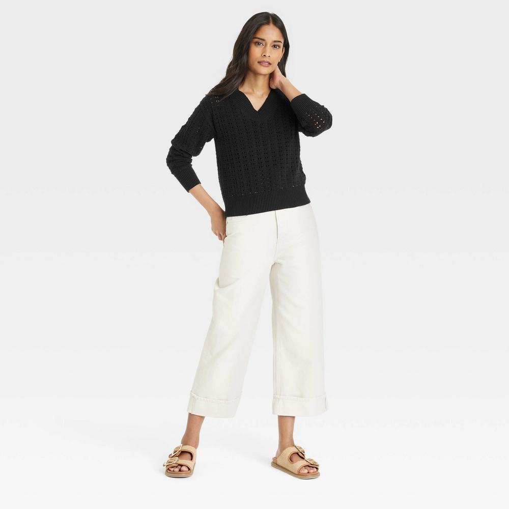 Womens Openwork V-Neck Pullover Sweater - Universal Thread Black L Product Image