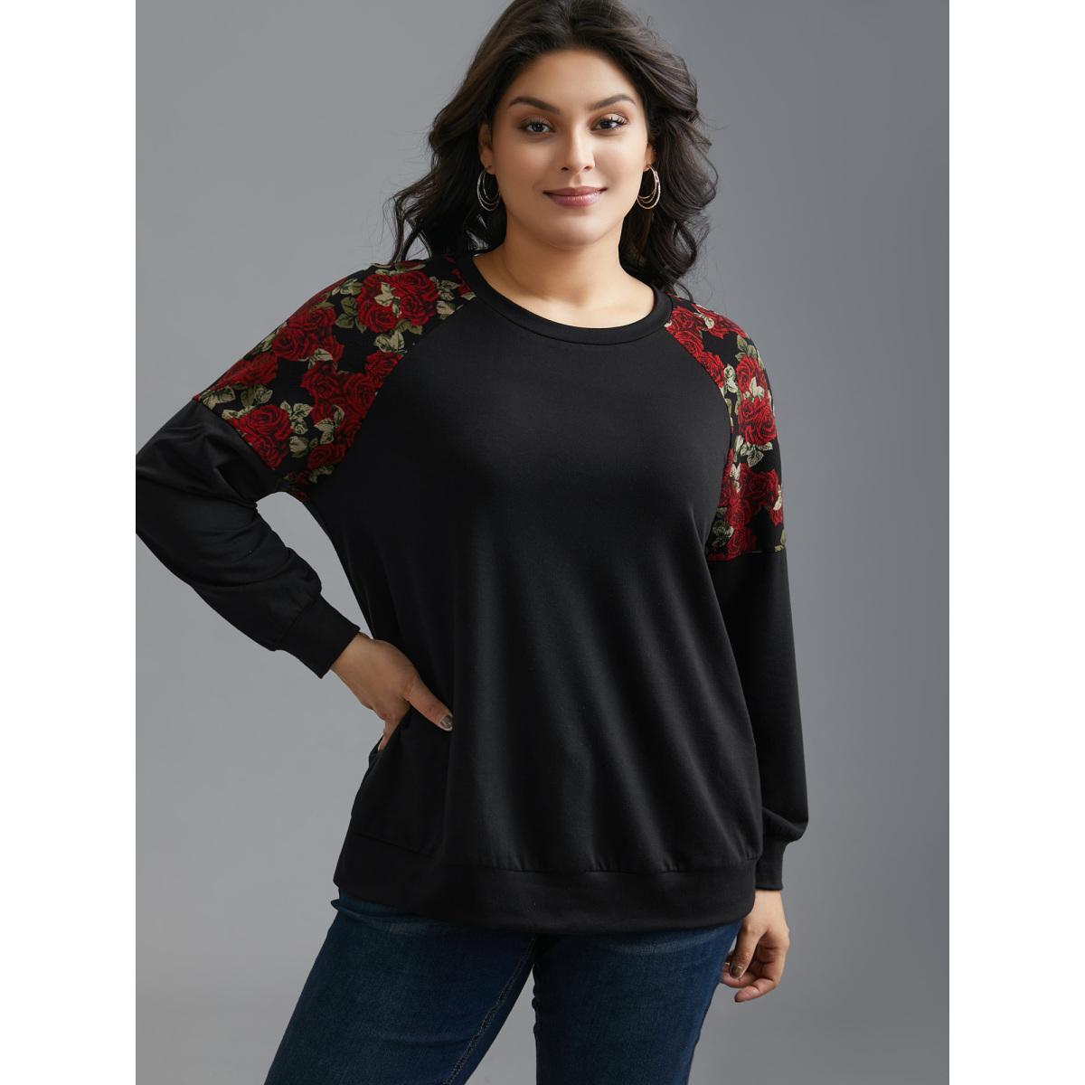 Plus Size Floral Raglan Sleeve Stretchy Fitted Sweatshirt Women Black Casual Contrast Round Neck Everyday Sweatshirts BloomChic 18-20/2X Product Image