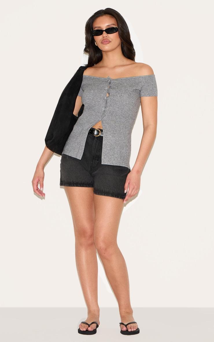 Ash Grey Rib Knit Button Up Bardot Split Hem Top Product Image