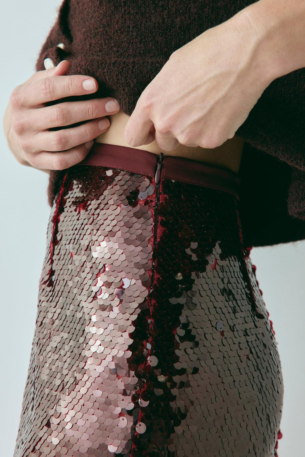 Devyn Sequin Midi Skirt Wine Product Image