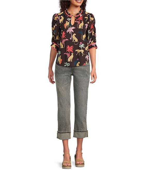 Democracy Petite Size Woven Animal Palm Print Ruffle Split V-Neck Ruched Elbow Sleeve Top Product Image