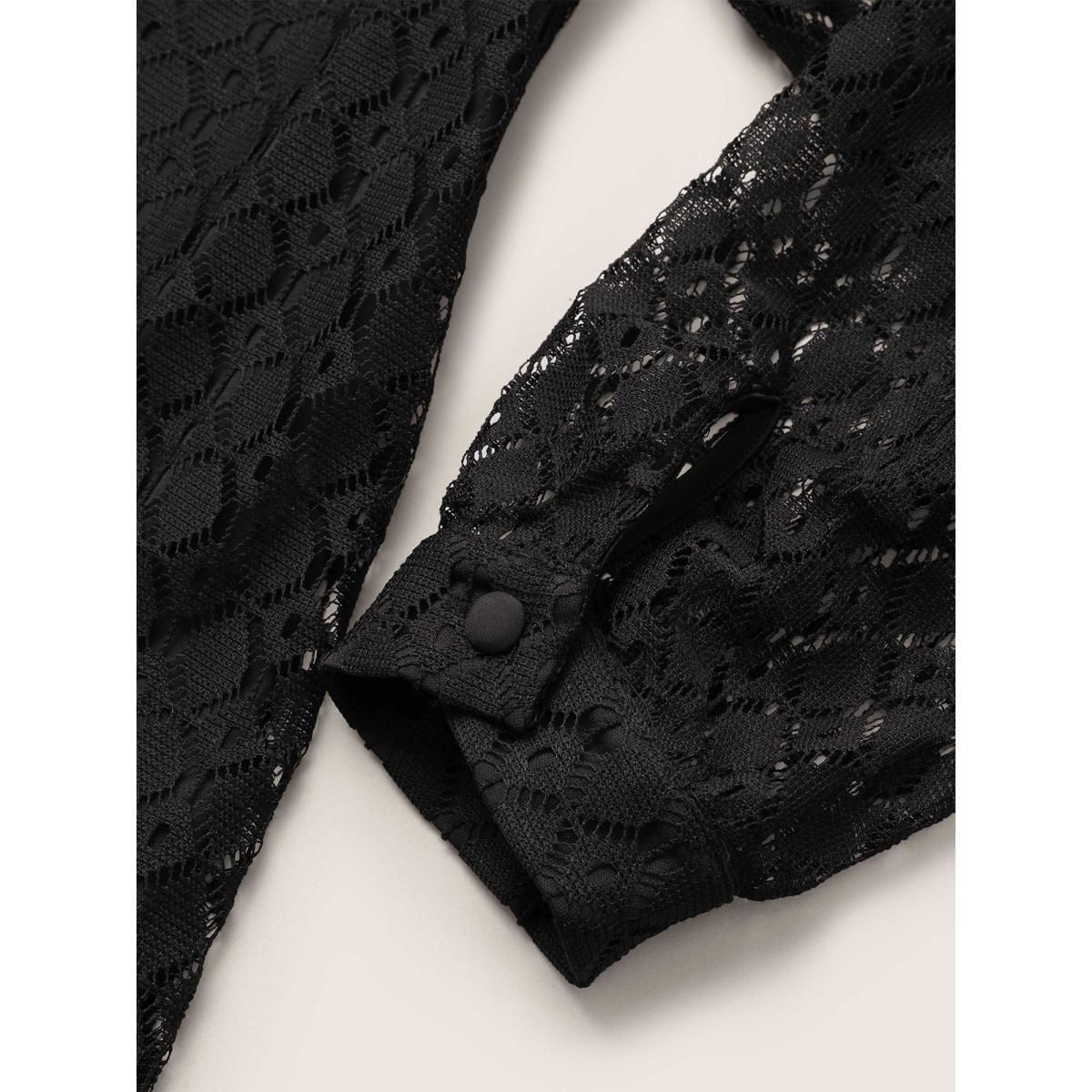 Plus Size Black Geometric Lace Panel Round Neck Blouse Women Elegant Long Sleeve Round Neck Party Blouses BloomChic 26/4X Product Image