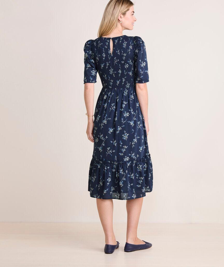 Smocked Puff-Sleeve Midi Dress Product Image