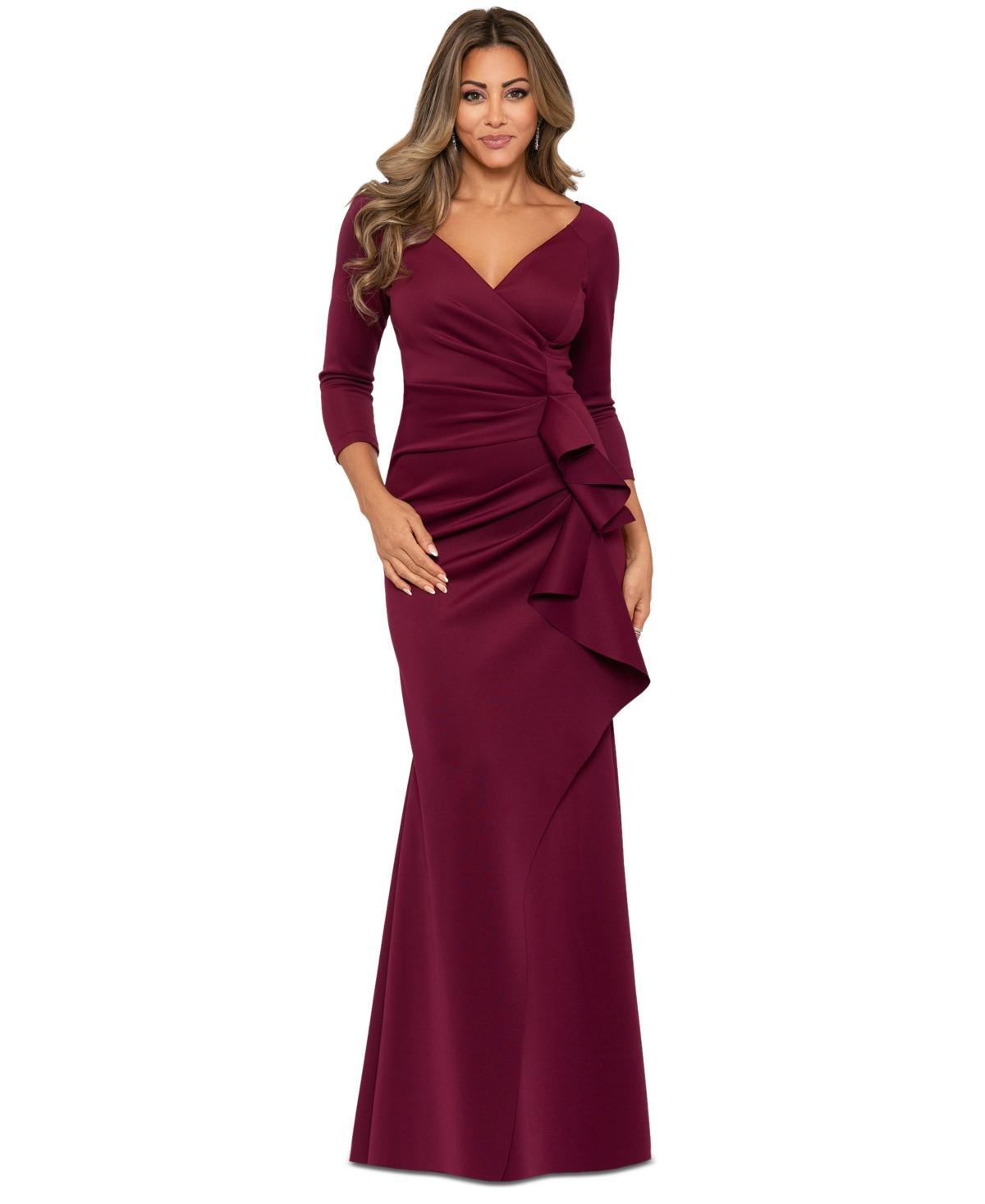 Xscape Stretch V-Neck 34 Sleeve Pleated Draped Gown Product Image