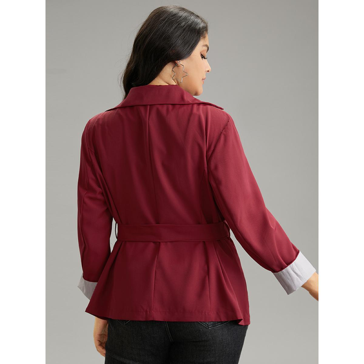Plus Size Twill Lapel Collar Belted Button Up Buckle Detail Coat Women Burgundy Casual Plain Ladies Dailywear Winter Coats BloomChic 22-24/3X Product Image