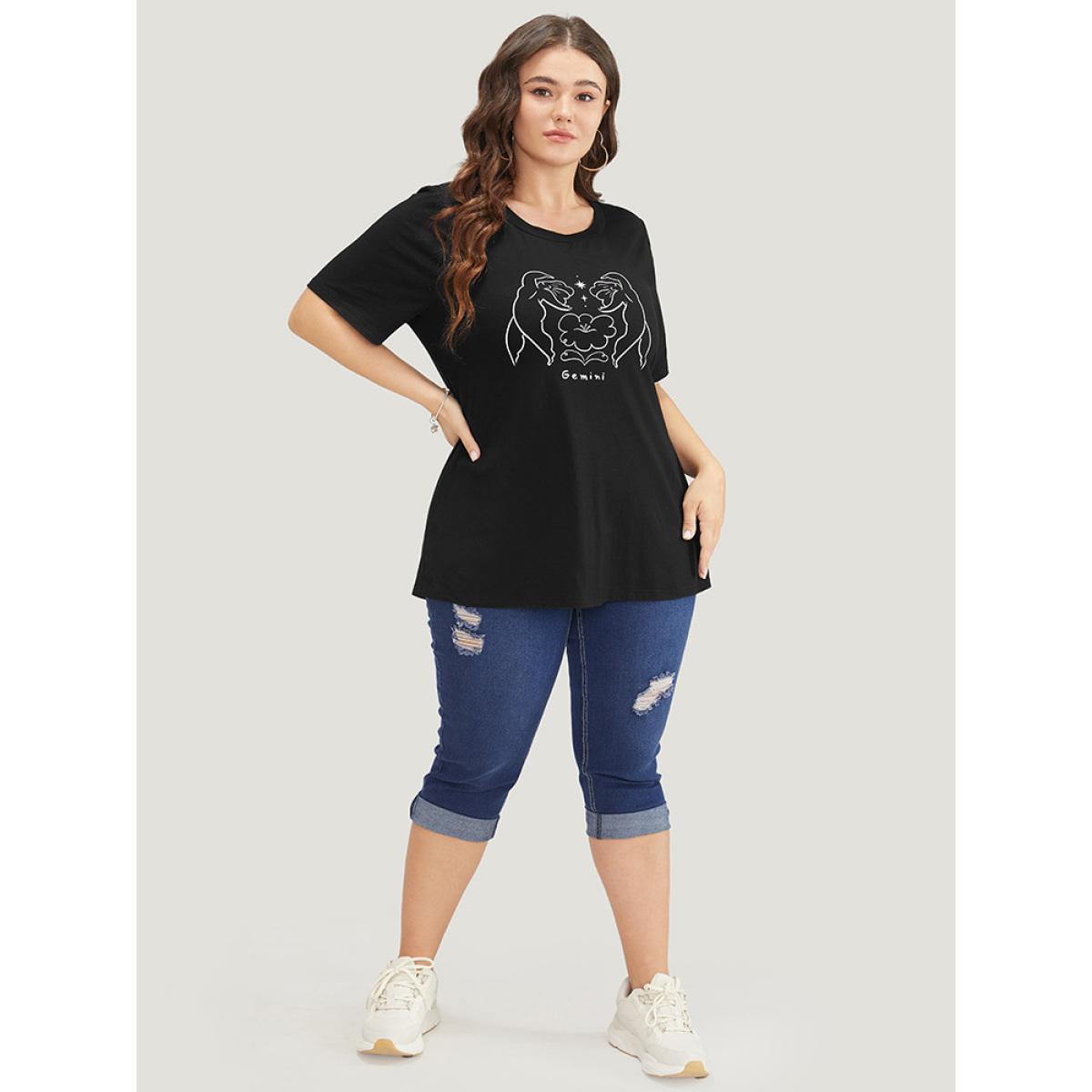 Plus Size Figure & Letter Print Slightly Stretchy Zodiac T-shirt Gemini Women Casual Figure Dailywear T-shirts BloomChic 14-16/1X Product Image