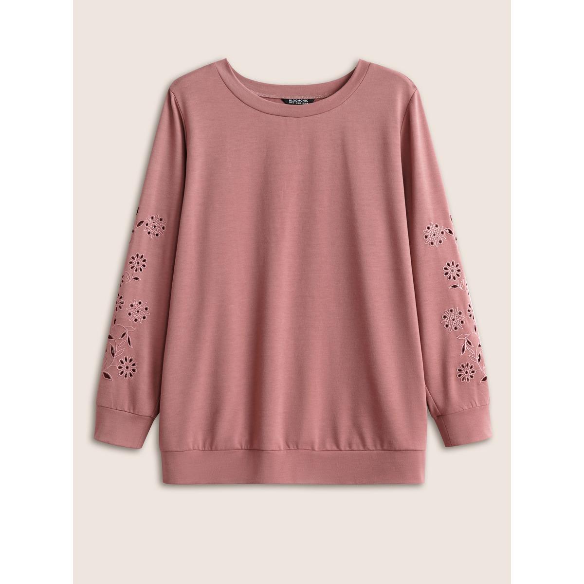 Plus Size Solid Broderie Anglaise Crew Neck Sweatshirt Women DustyPink Elegant Non Round Neck Everyday Sweatshirts BloomChic 28/5X Product Image