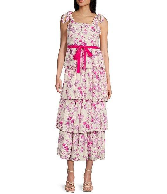 TCEC Floral Print Square Neck Velvet Belted Tiered Midi Dress Product Image