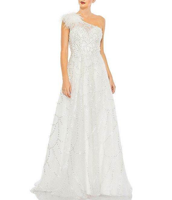 Mac Duggal Embellished Asymmetrical Neck Sleeveless Feather Shoulder A-Line Gown Product Image