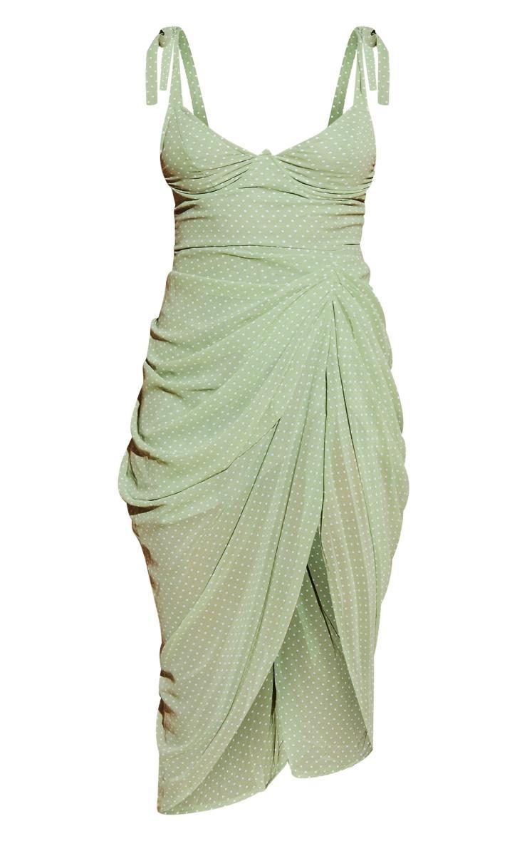 Sage Green Polka Dot Draped Underwire Detail Midi Dress Product Image
