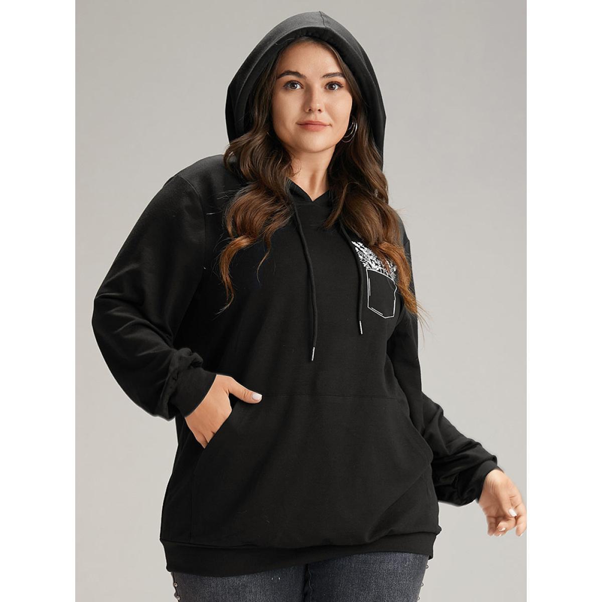 Plus Size Floral Print Pocket Hooded Drawstring Sweatshirt Women Black Casual Elastic cuffs Dailywear Sweatshirts BloomChic 18-20/2X Product Image
