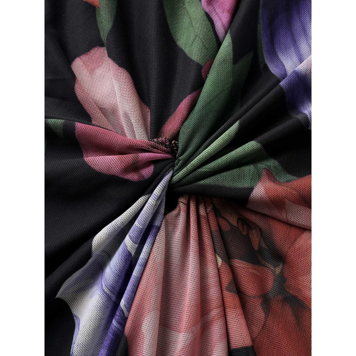 Plus Size Large Floral Print Twist Front Midi Dress RedViolet Women V-neck Short sleeve Curvy BloomChic 12/L Product Image